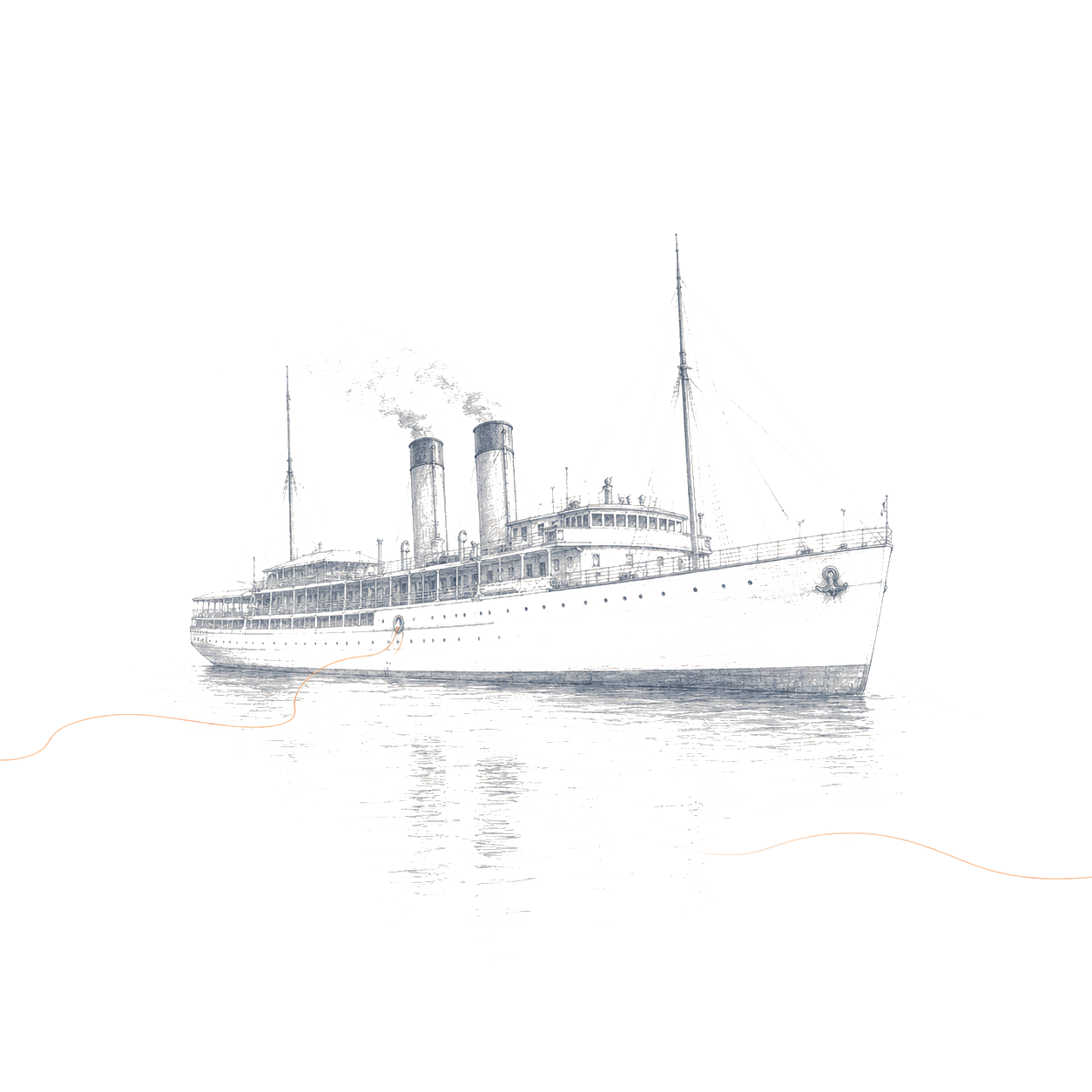 Un bateau à vapeur dessiné au crayon, guidé par un fil orange