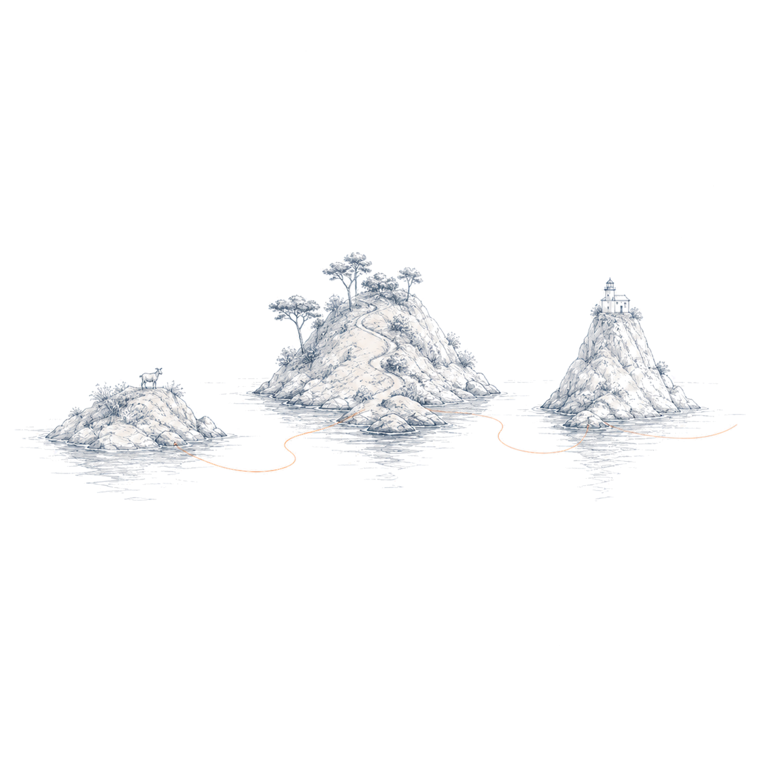 Trois îles dessinées au crayon sont reliées par un fil couleur pêche
