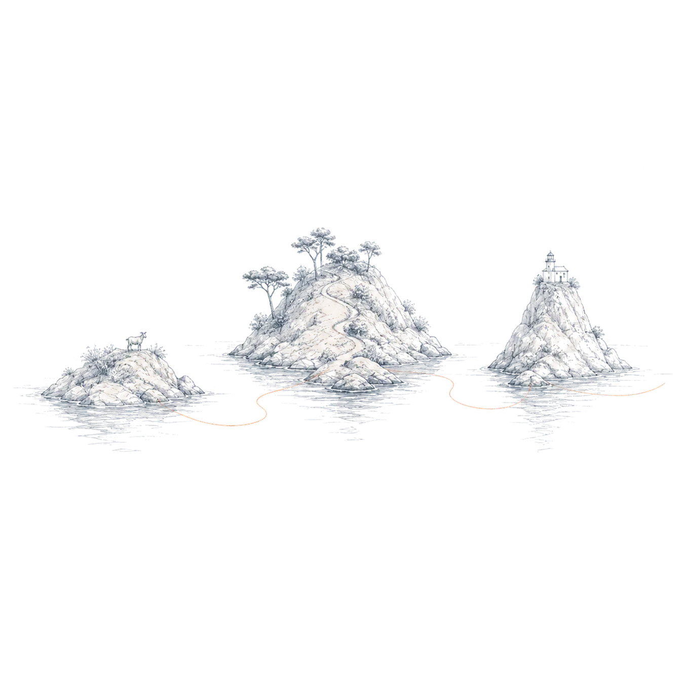 Trois îles dessinées au crayon sont reliées par un fil couleur pêche