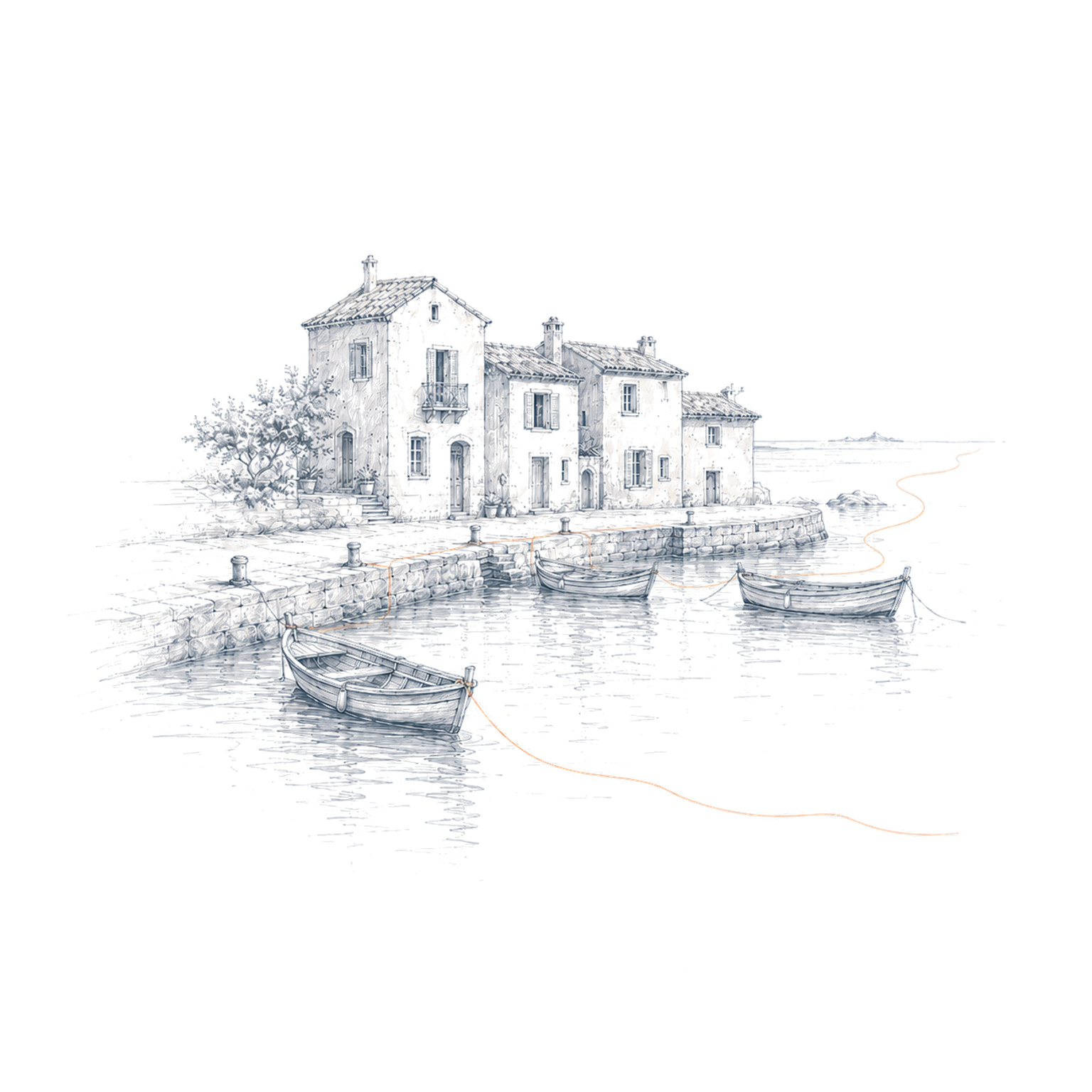 Un petit port dessiné au crayon relie des maisons et des barques par un fil couleur pêche