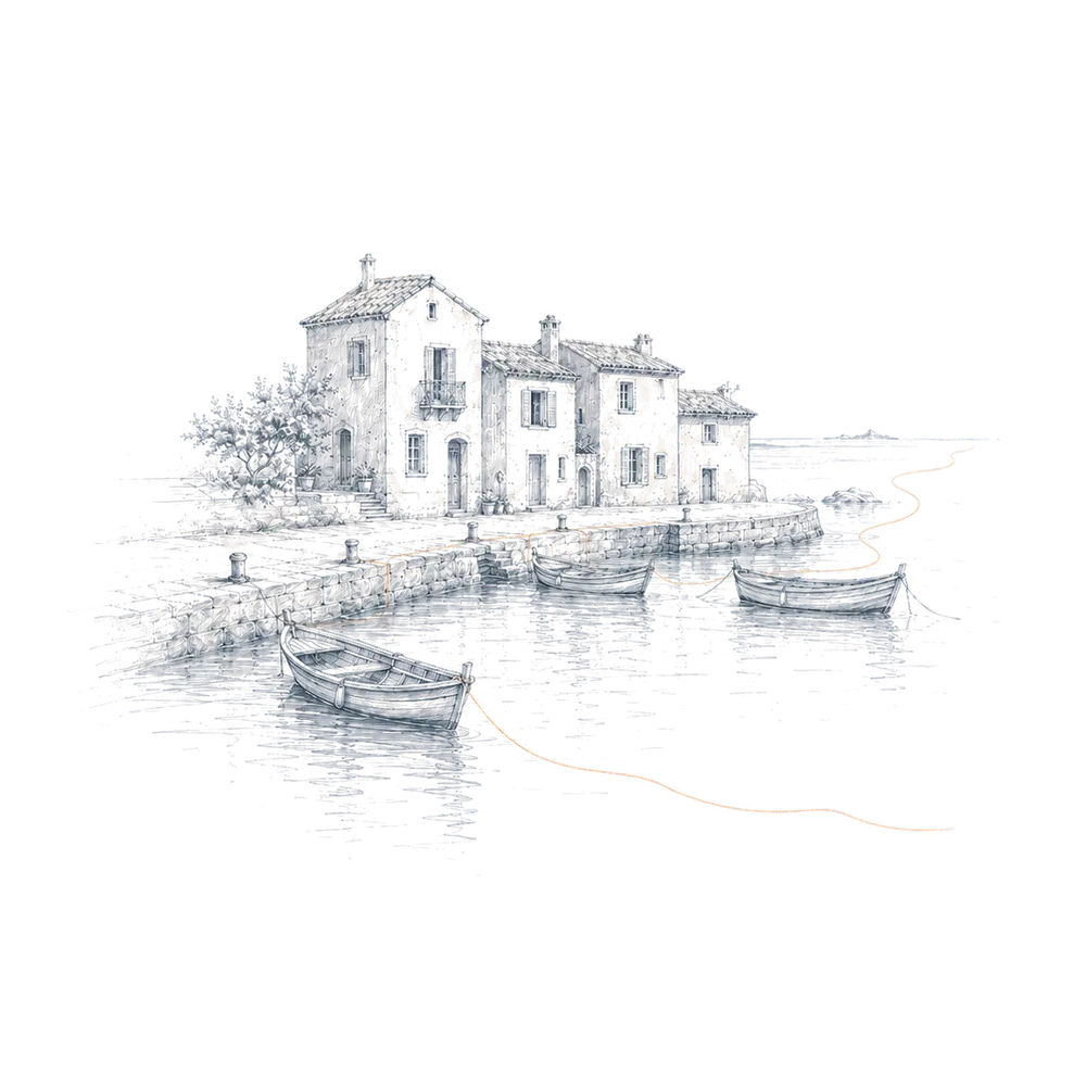 Un petit port dessiné au crayon relie des maisons et des barques par un fil couleur pêche