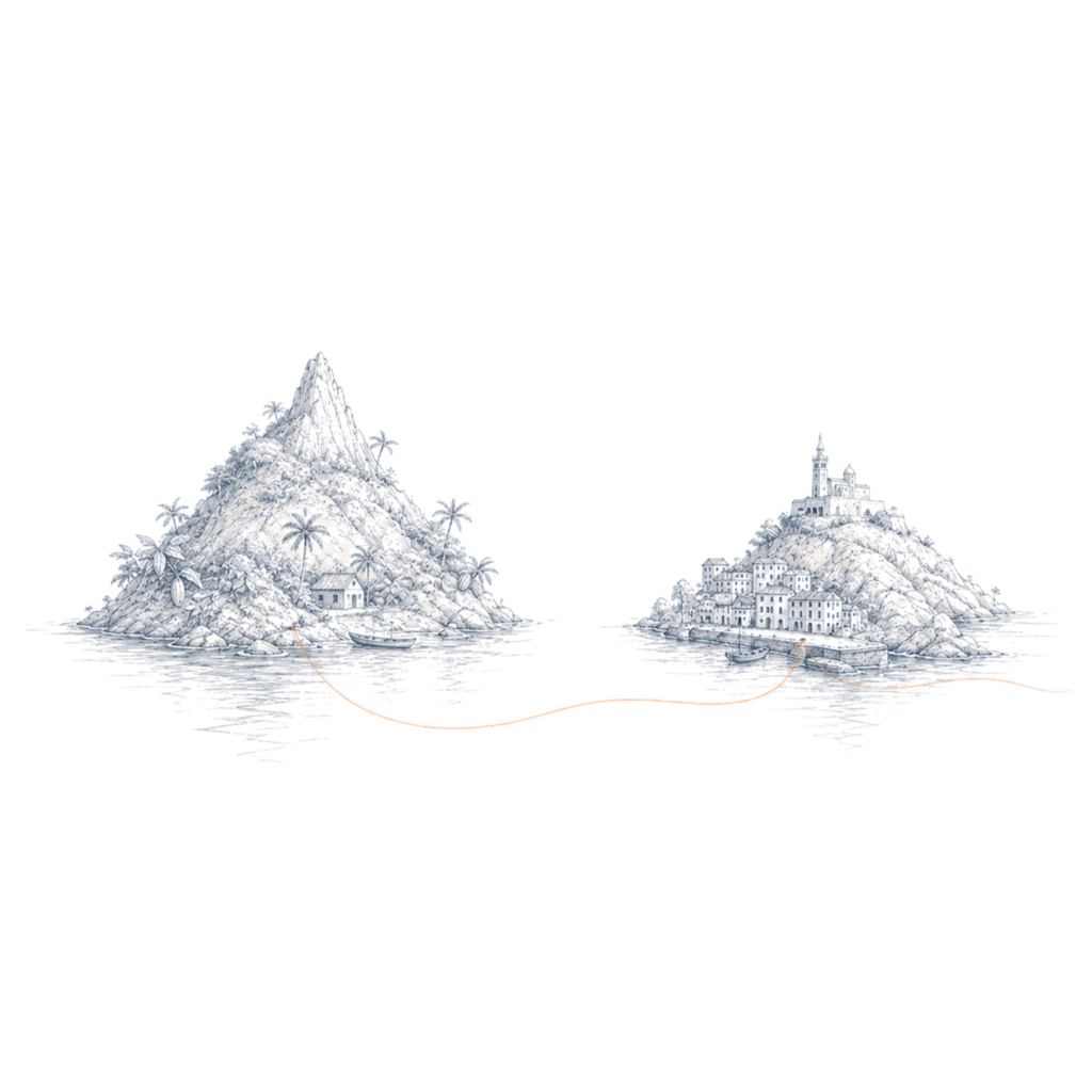 Illustration des îles et du voyage associée au livre Le Consul des îles chocolat
